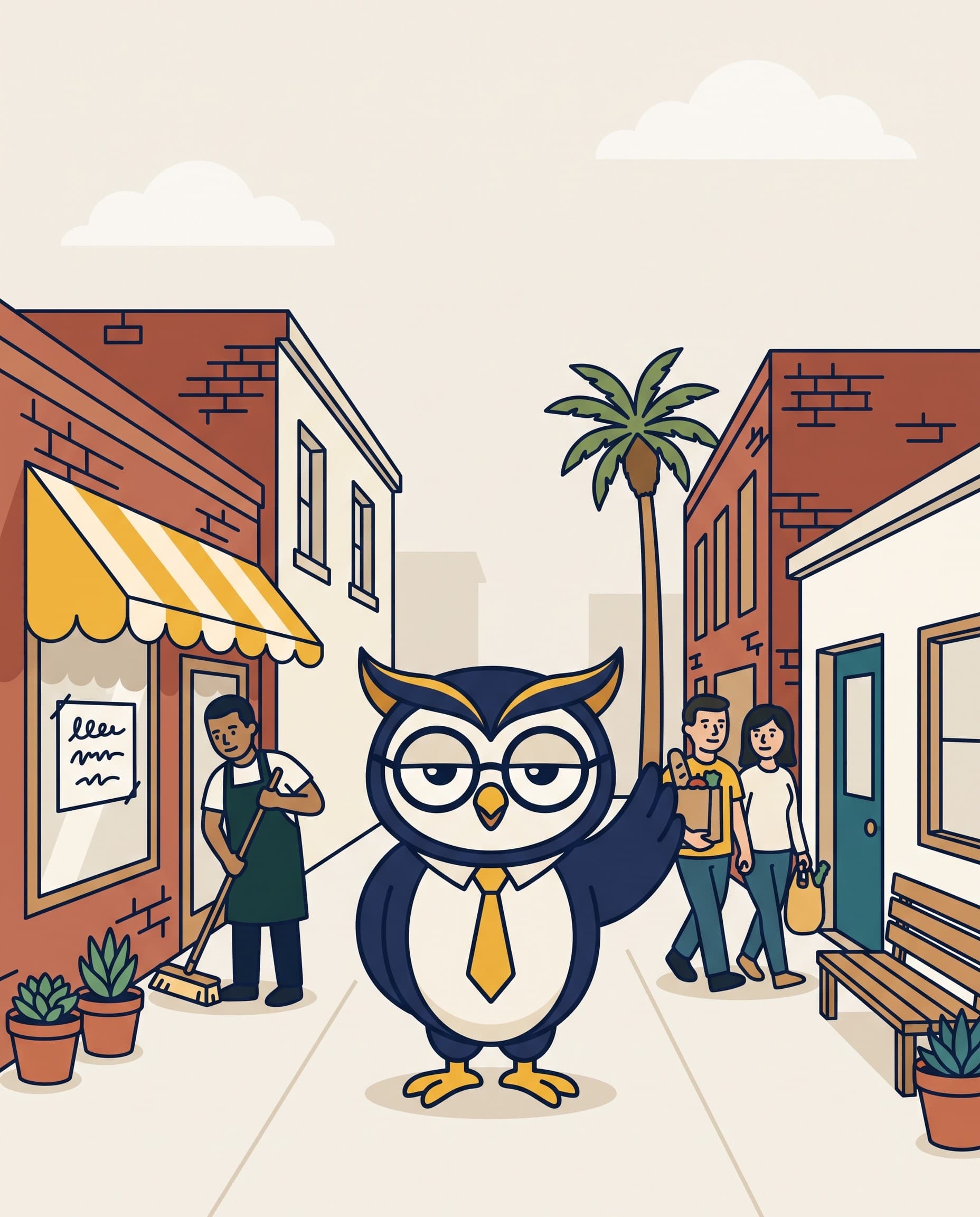 The Counsel Wise Connect owl waves from a downtown Las Vegas sidewalk while a shop owner sweeps and neighbors walk by.