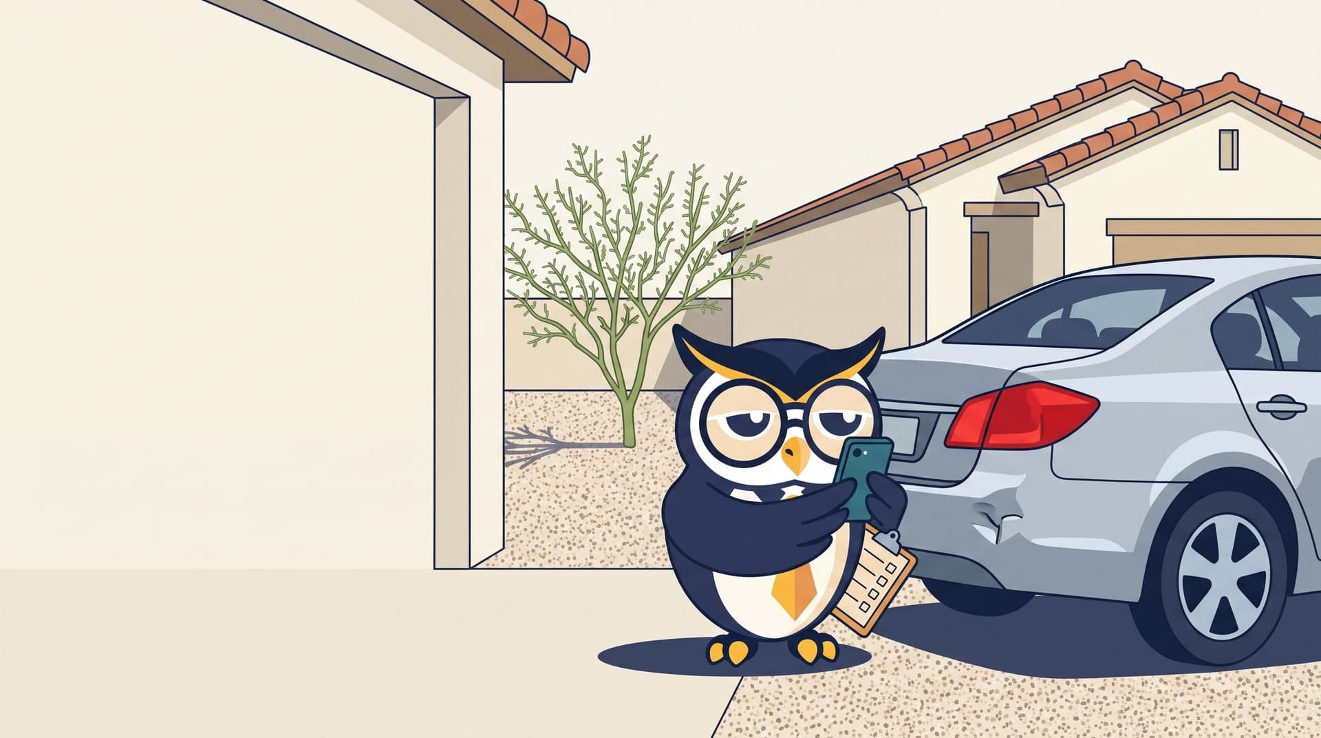 The Counsel Wise Connect owl photographs a small dent on a car bumper in a Las Vegas driveway.
