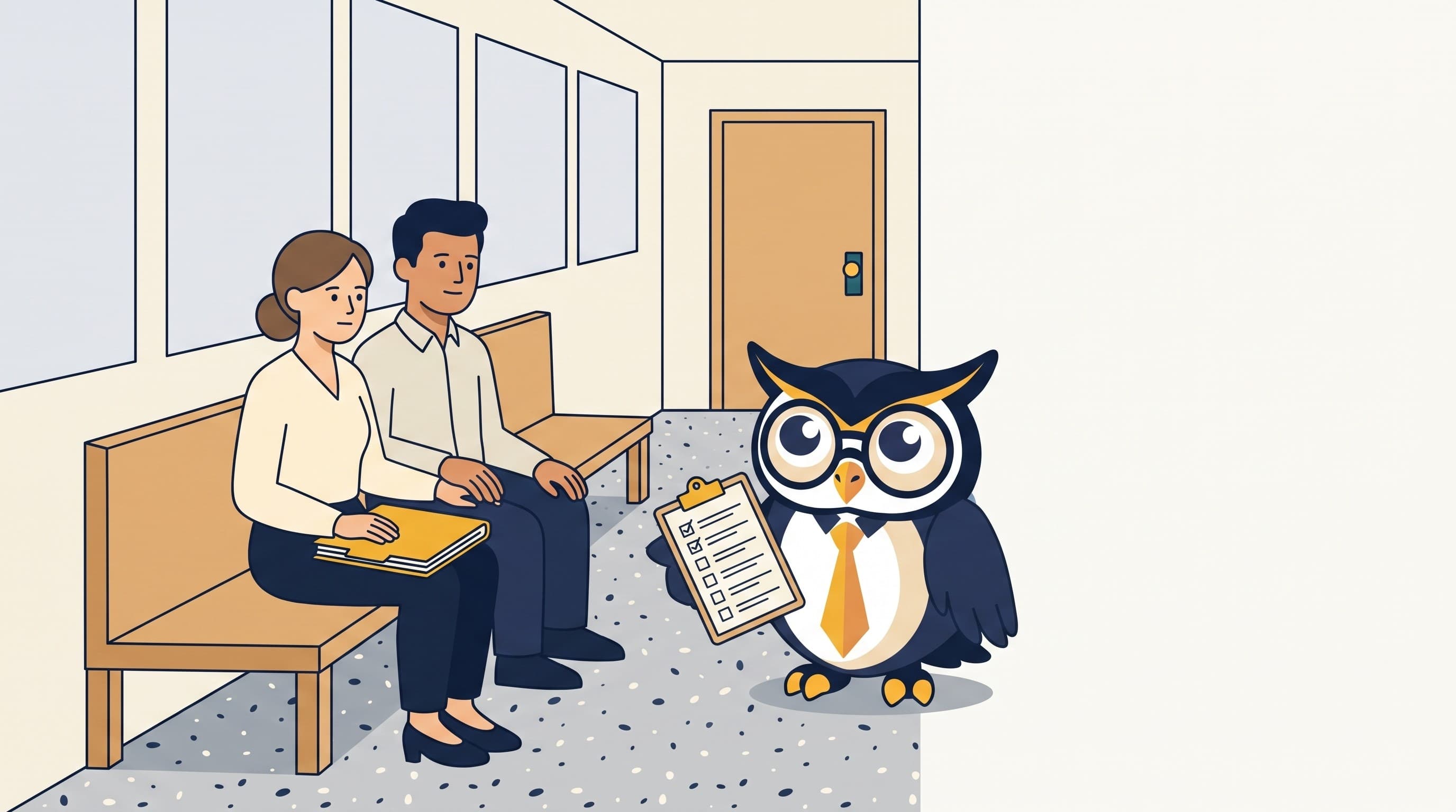 The Counsel Wise Connect owl waits on a bench beside a couple holding a folder of documents.