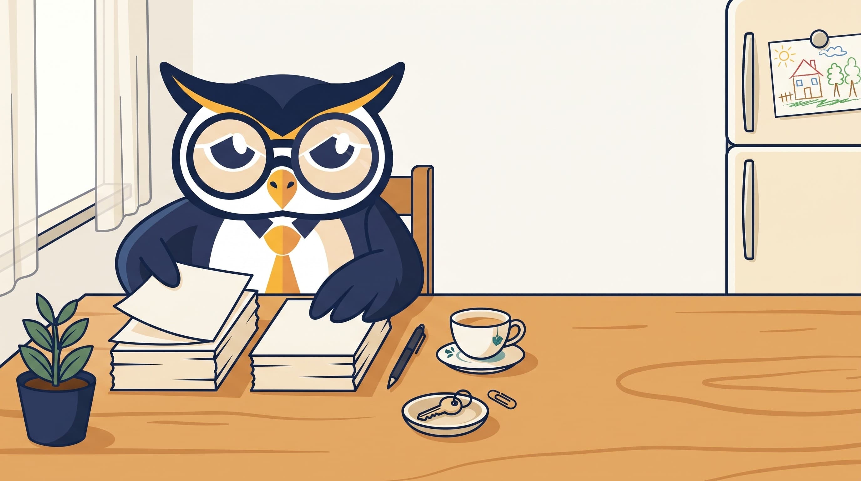 The Counsel Wise Connect owl sorts paperwork into two neat stacks on a dining table.
