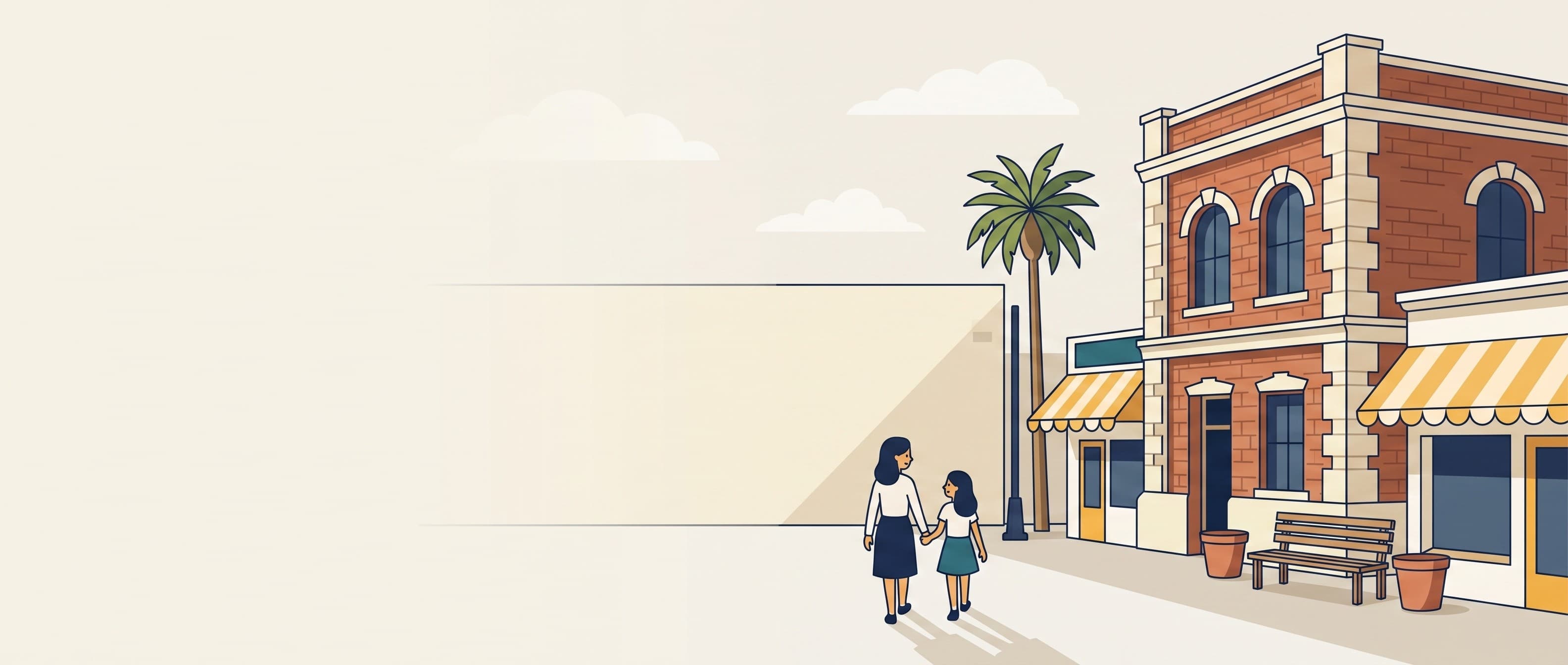 A quiet downtown Las Vegas street in flat colour: brick buildings, a striped awning, a palm and a bench.