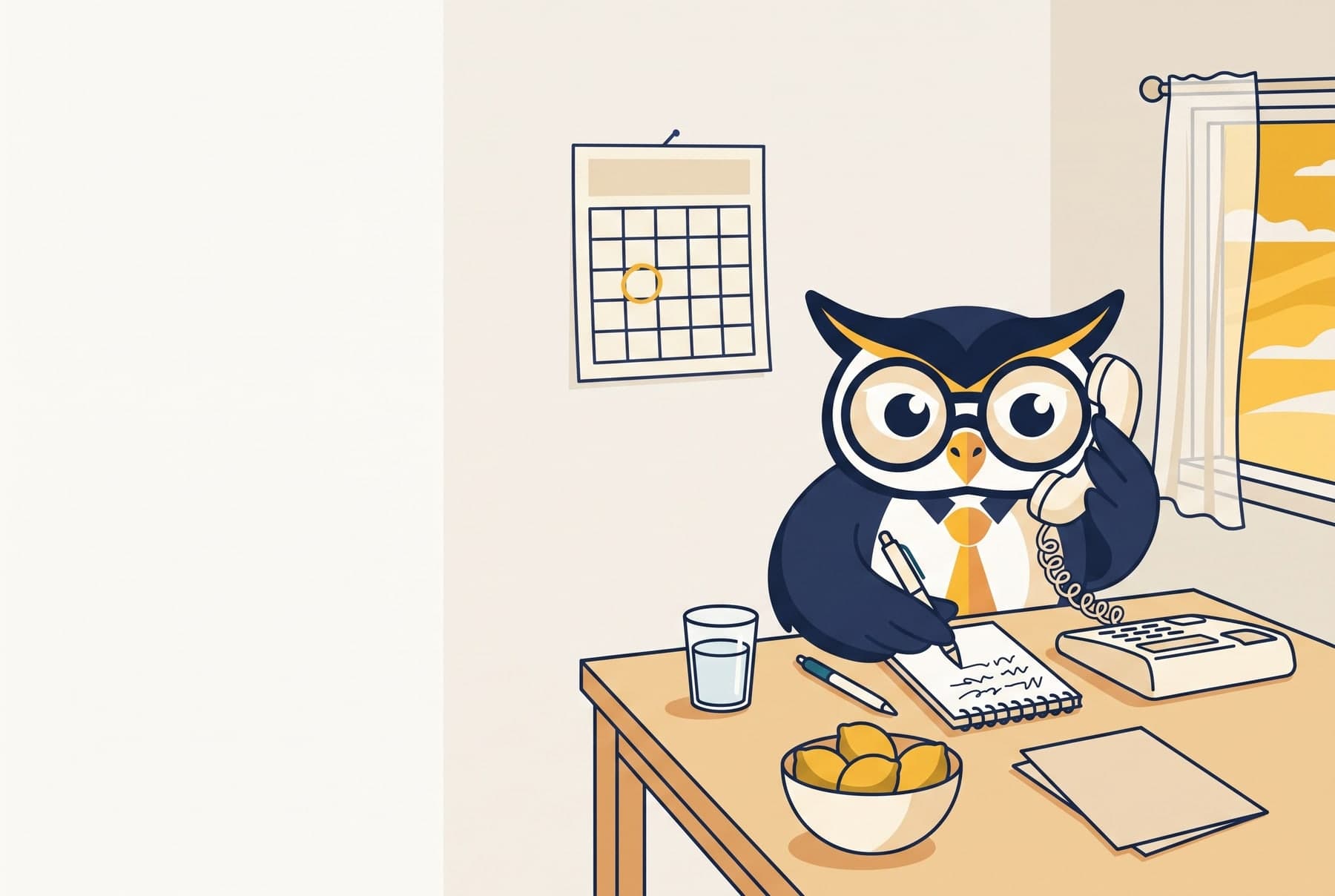 The Counsel Wise Connect owl on a landline call at a kitchen table in the early evening, making a note.