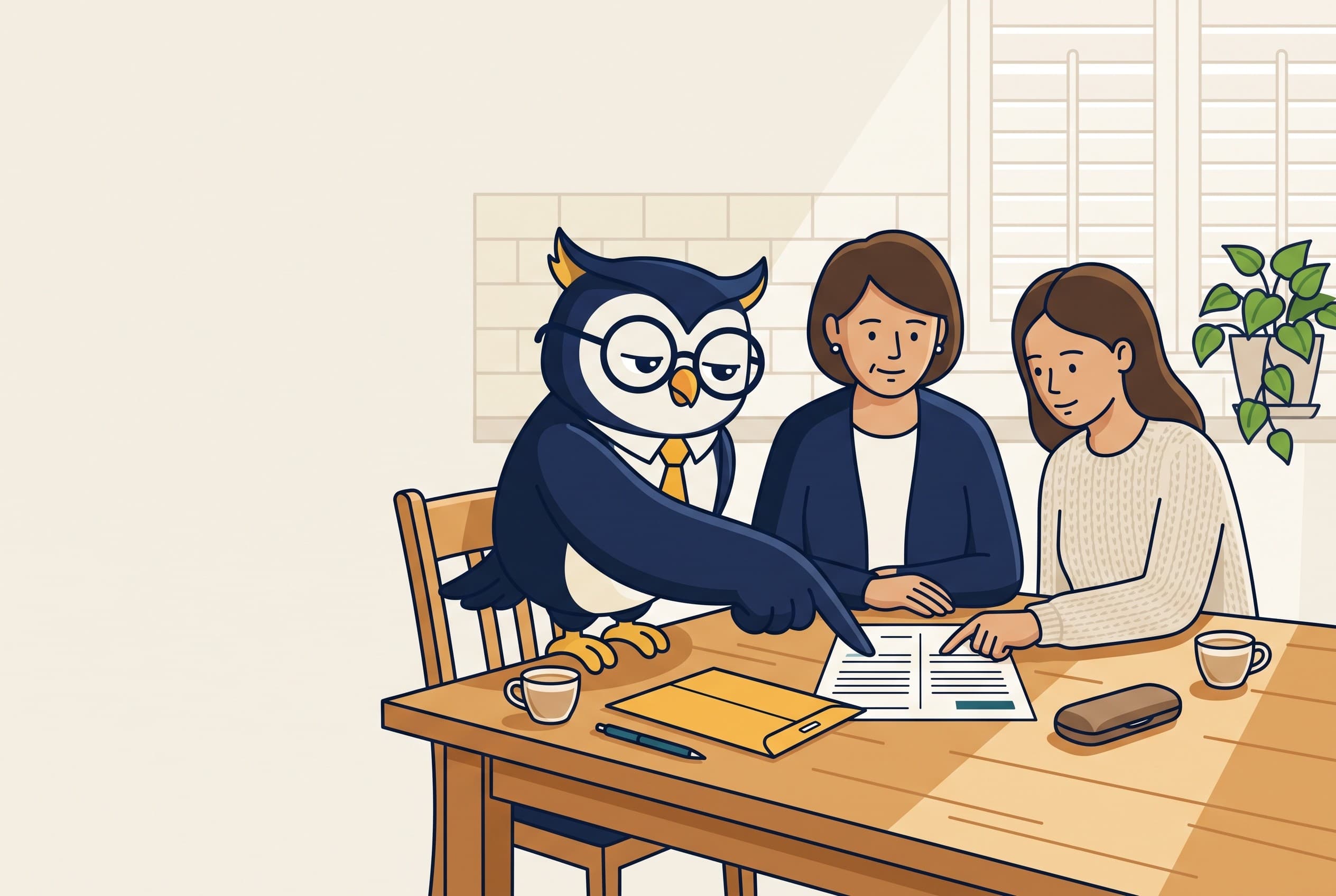 The Counsel Wise Connect owl points to a line on a form while a mother and daughter read it together at their kitchen table.