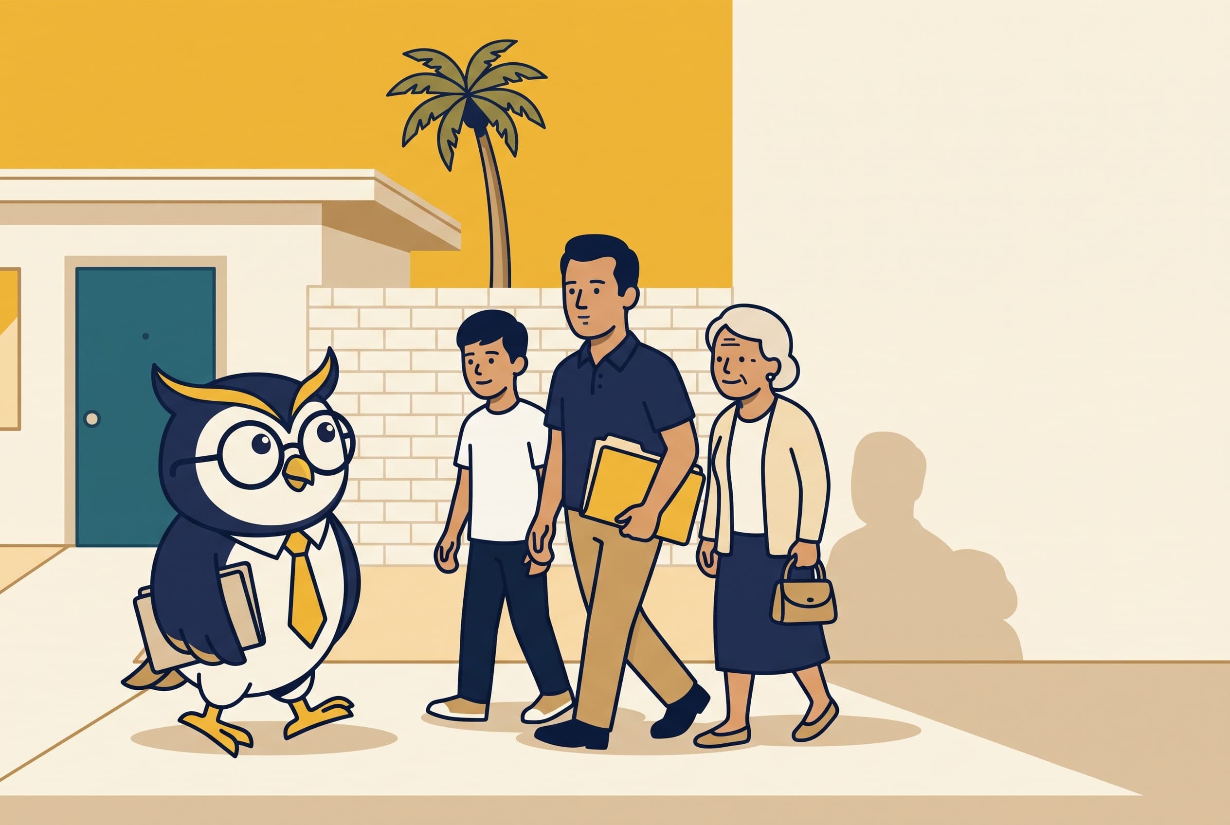 The Counsel Wise Connect owl walks along a sunny Las Vegas sidewalk beside a father, his son, and grandmother carrying a folder of documents.