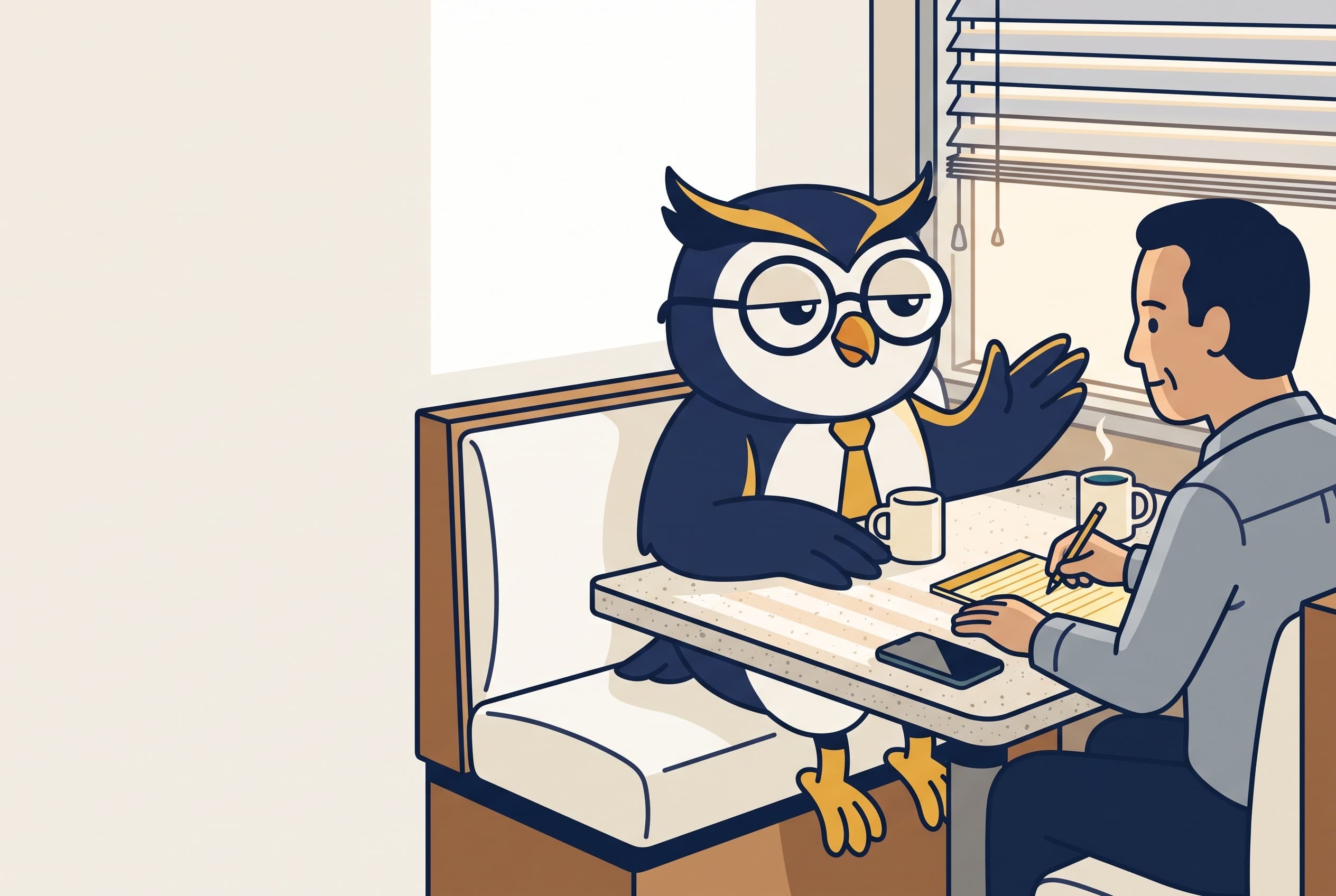 The Counsel Wise Connect owl listens across a diner table while a man writes notes on a legal pad.